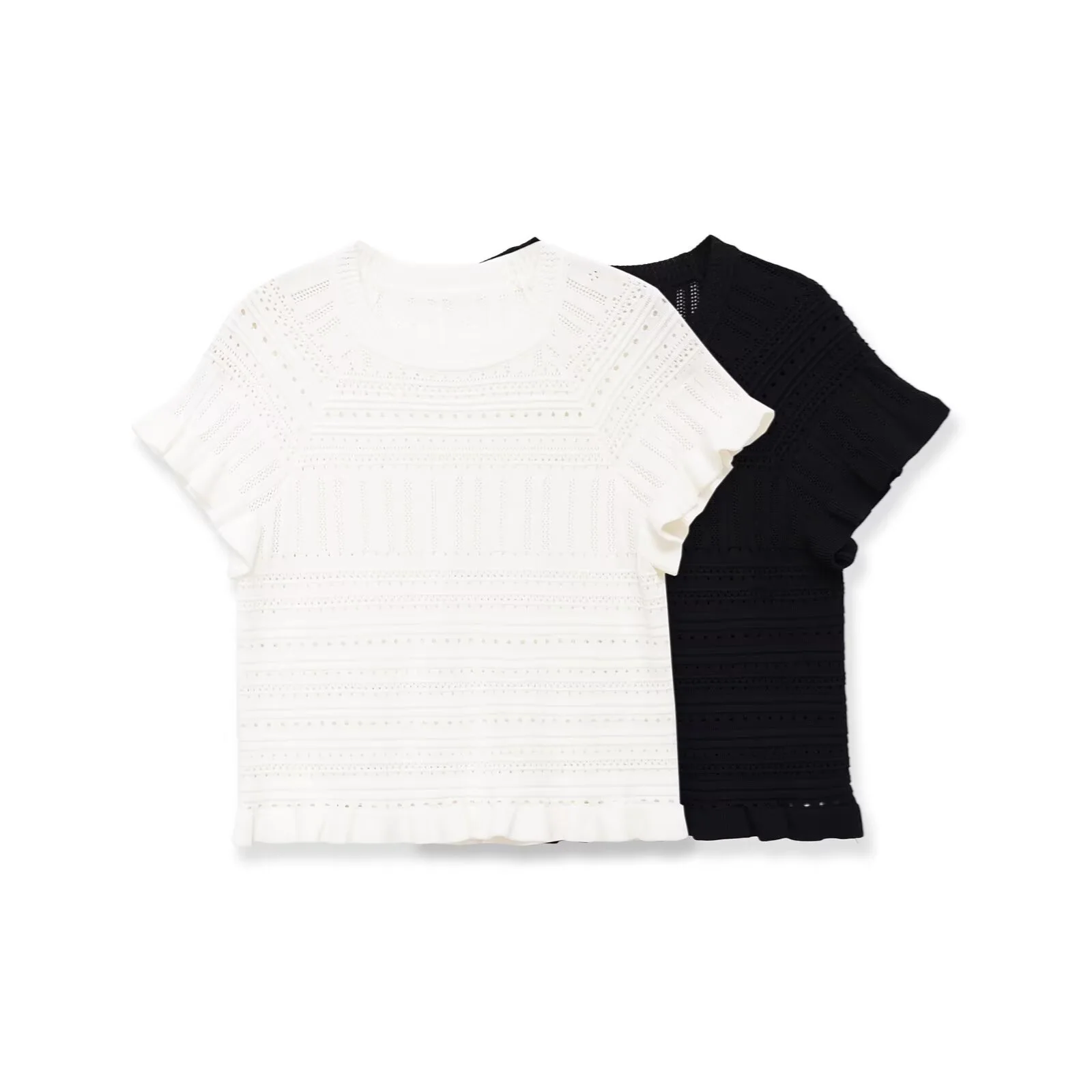French Ruffle Knit Top Women Casual Hollow Out Pointelle Sweaters Summer O Neck Short Sleeve Slim Chic Pullover Blouse Tops