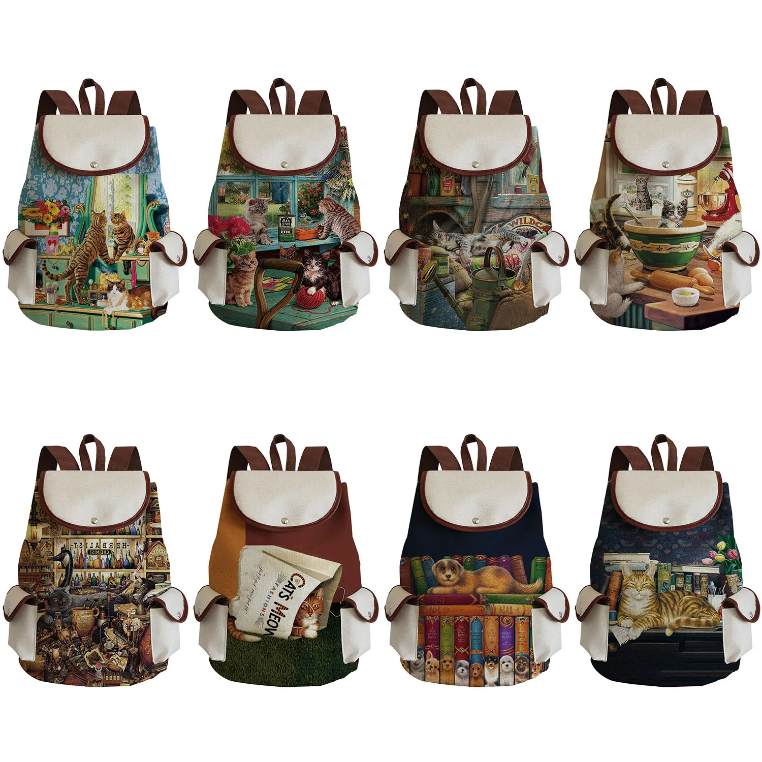 Portable Linen Backpacks For Women University Oil Painting Cat Print Women\'s Backpack Customize High Capacity Designer Backpack