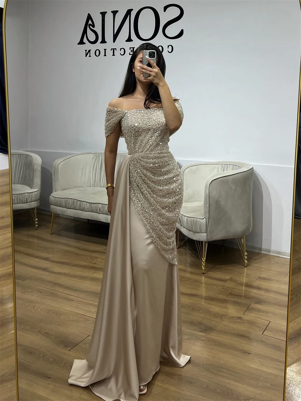 Sansa personalizado champanhe elegante sereia plissados vestido de baile sem alças glitter vestidos de noche até o chão noite formal