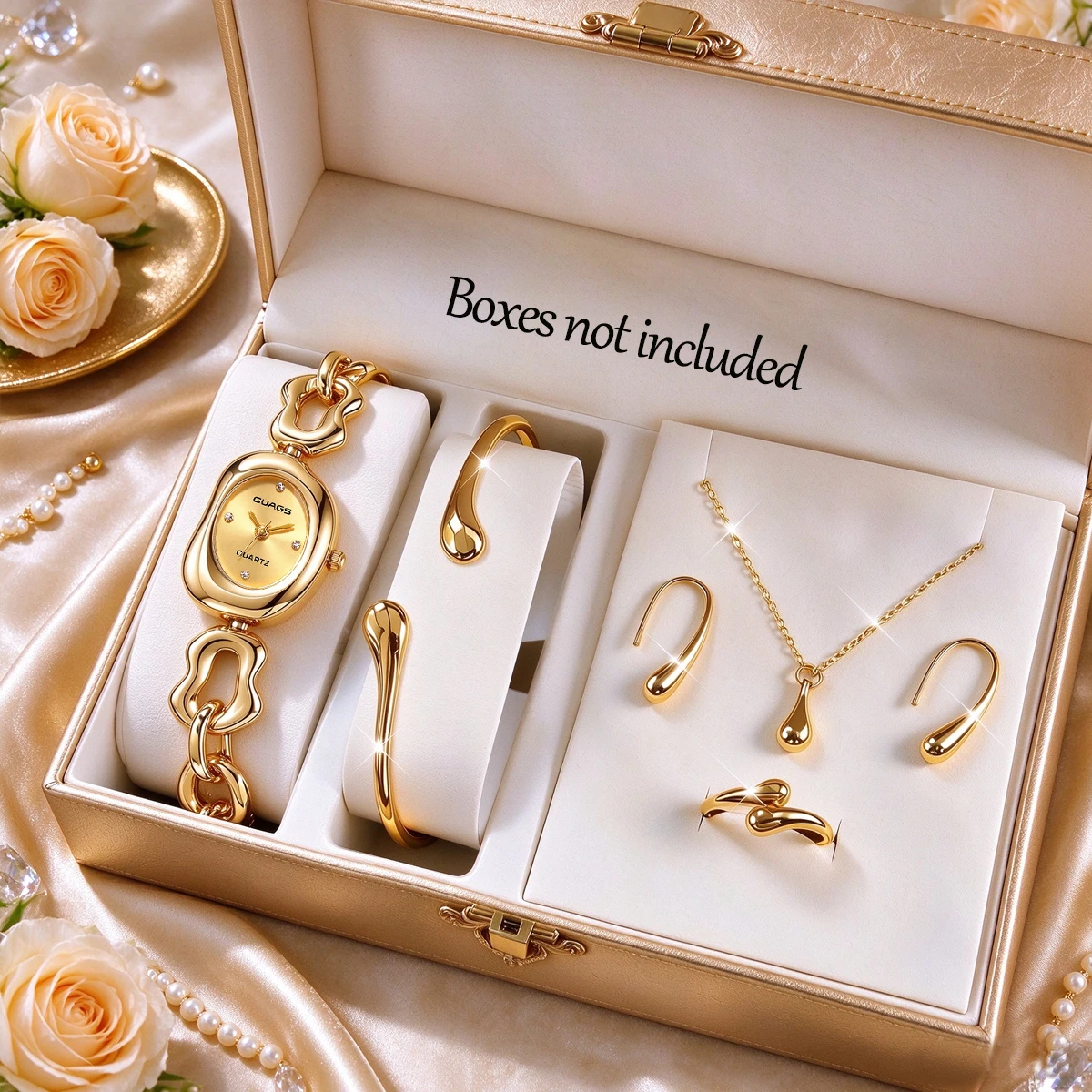 6-Piece Set, Women's New Asymmetrical Bracelet-Style Watch with Waterdrop Jewelry Set, Jewelry Includes Bracelet, Necklace, Earrings, and Ring, Exquisite and Fashionable, Suitable for Daily Wear, Vacation, Dating, and Parties, an Excellent Holiday Gift.