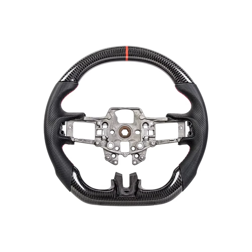 Carbon Fiber Flat Bottom Steering Wheel for 2018-2022 Ford Mustang GT, Red Stitching & Racing Stripes, Sport Replacement Wheel