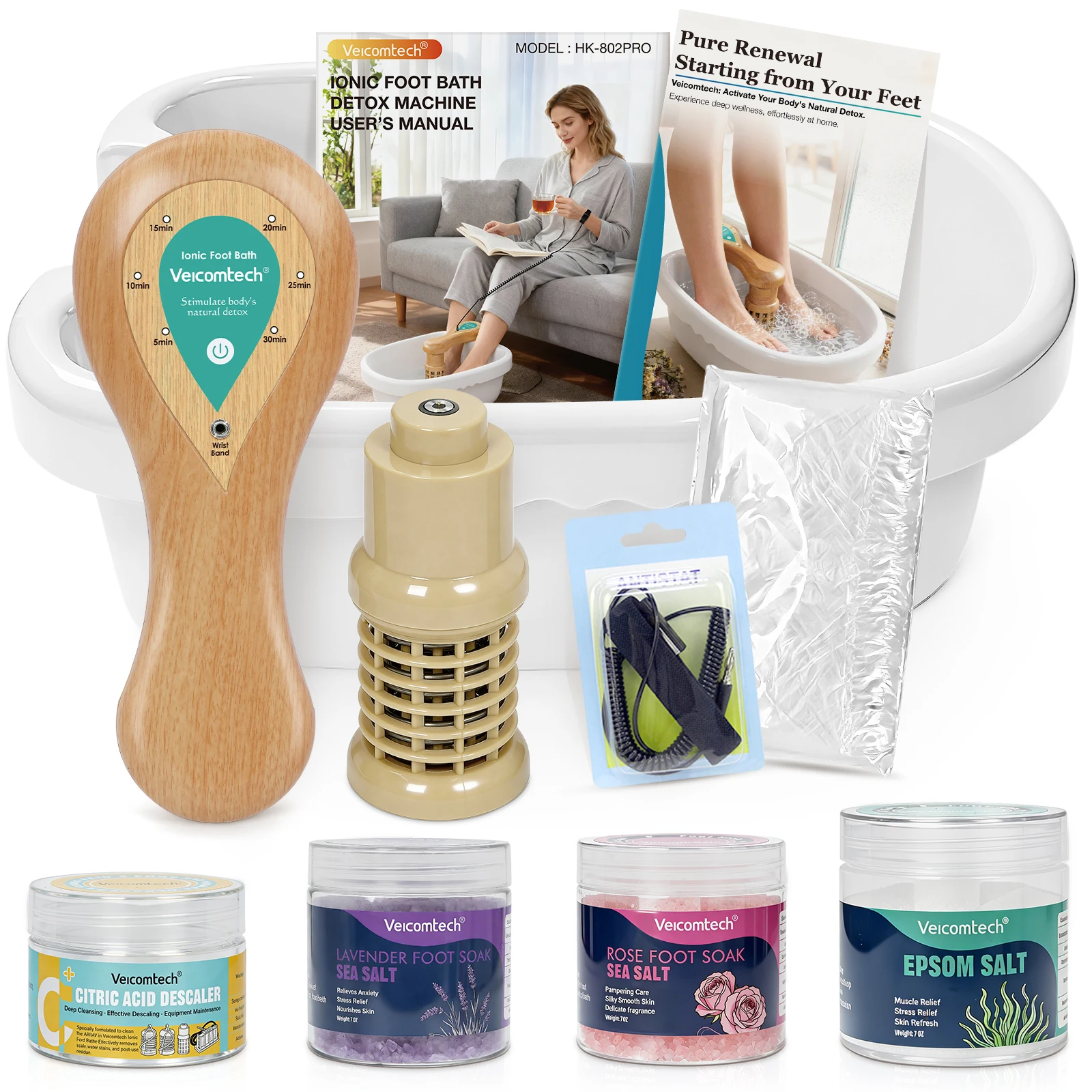Home Use Detox Device All-in-One Ionic Foot Bath Detox Machine with Basin Tub Foot Detox Foot Bath Soak Tub with Epsom & Lavender Sea Salt, 100 Liners, Wrist Strap &1Array, Foot Spa for Home & Beauty Salon