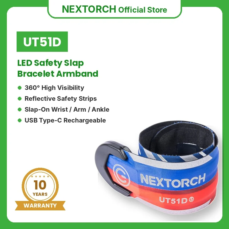 NEXTORCH UT51D LED Safety Slap Bracelet Rechargeable USB-C Flashing Warning Light Armband for Night Running Cycling Dog Walking