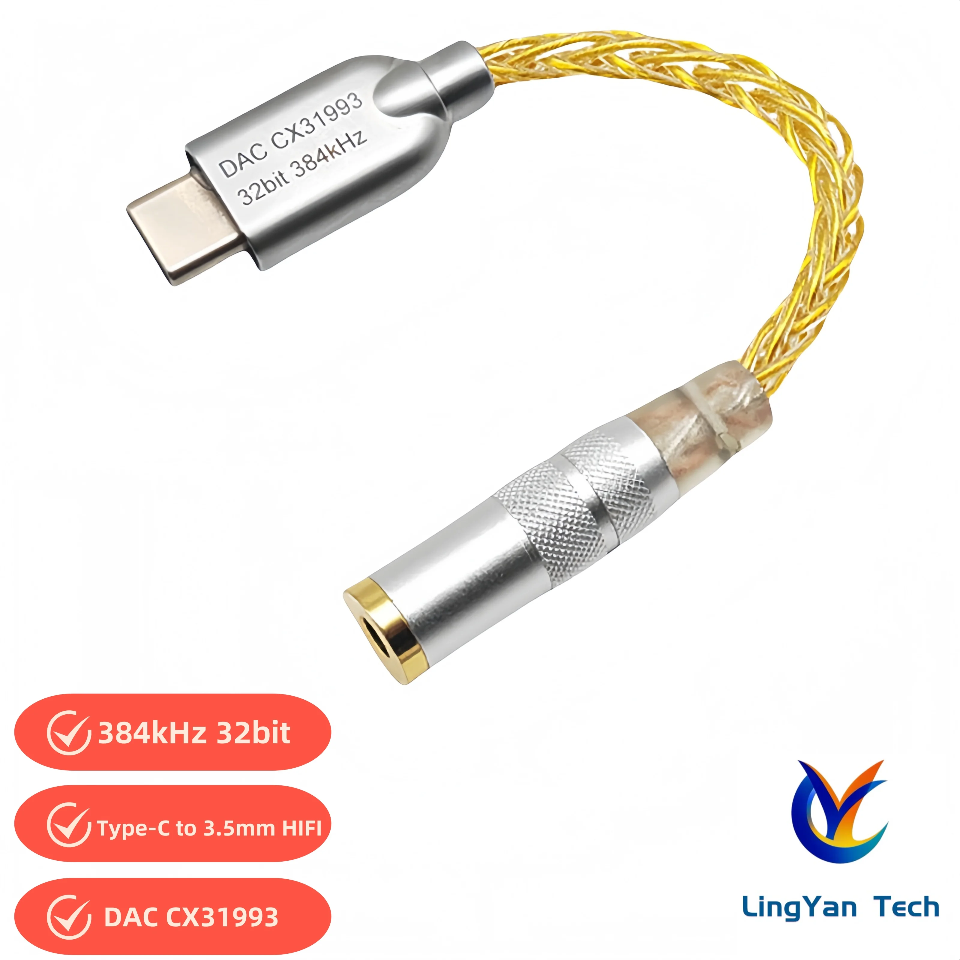 Ly Technology CX31993 Type-C to 3.5mm Audio DAC Decoder Headphone Amplifier HiFi Silver-Plated Adapter Cable