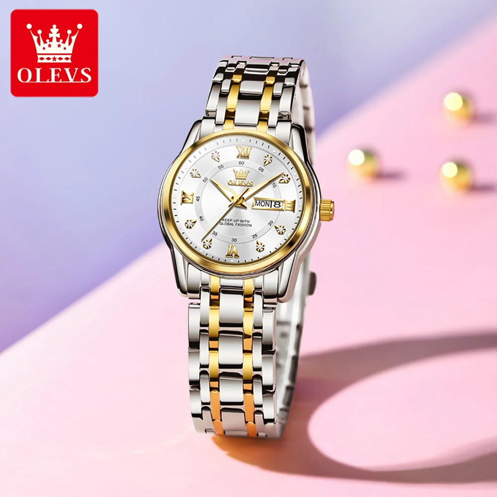 

OLEVS 5513 Quartz Watch for Women Diamond Luxury Elegance Dual Calendar Display Stainless steel Waterproof Ladies Watch Original