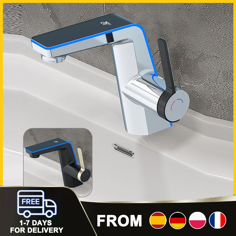 Grifo de Baño con Pantalla LED, Modos de Rociado de Agua Fría y Caliente, Control de una Sola Manija para Lavabos de Baño, Cocina y Muebles de Baño