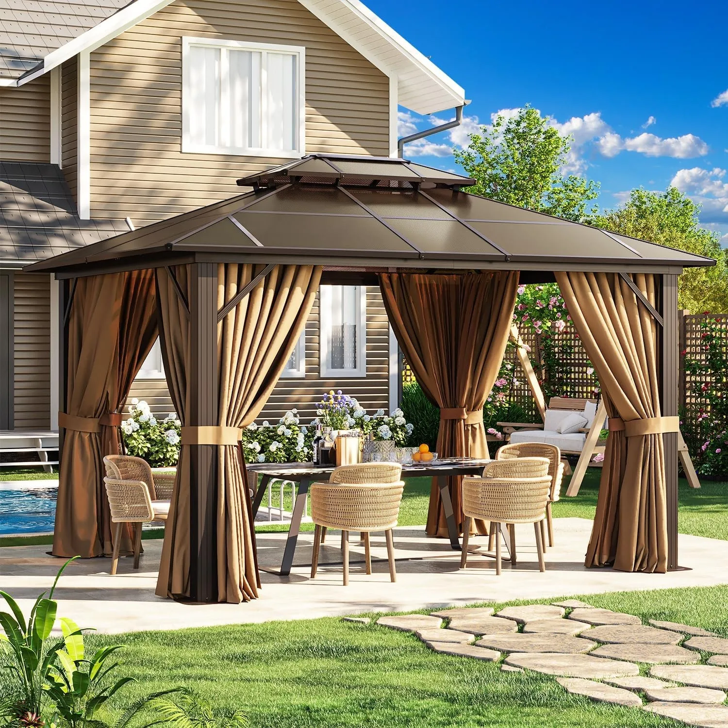 Aoxun 12x10ft Hardtop Gazebo Metal Frame Permanent Pavilion With Curtains And Netting Outdoor Polycarbonate Double Roof Canopy For Garden Lawns Patio Brown