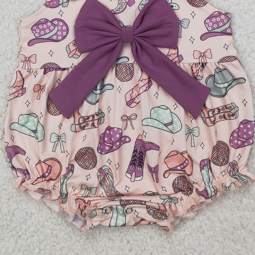 SR2897 Baby Girls Summer Rompers Baby Infant Girls Pink Strap Hats Boots Purple Bow Top Ruffle Rompers