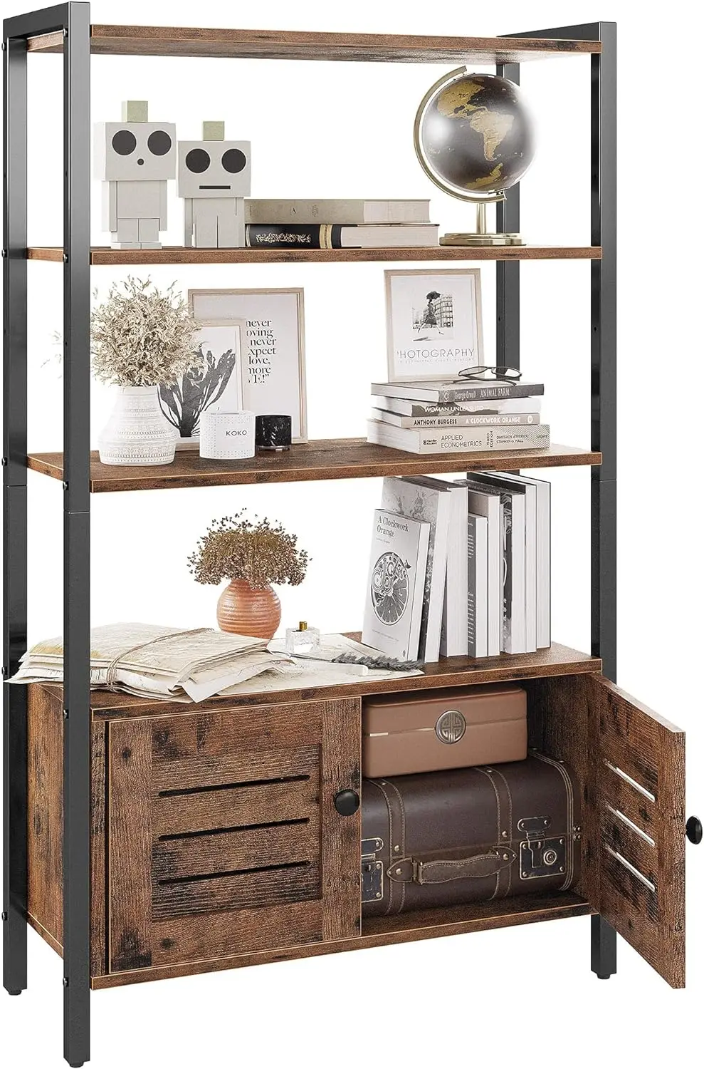 IRONCK Industrial Bookshelf and Bookcase with 2 Louvered Doors and 3 Shelves, Standing Storage Cabinet Vintage Brown