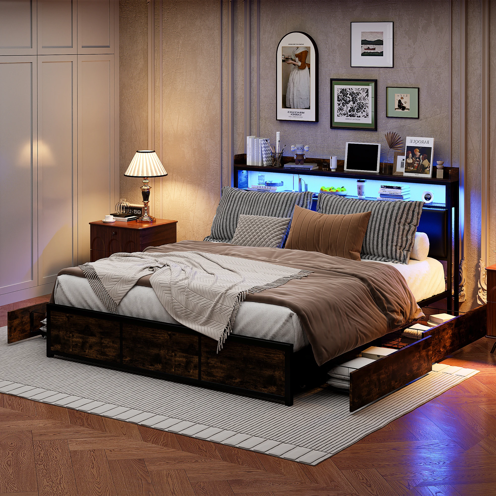 Letto matrimoniale Anajqaqia, 140 x 200 cm, letto in metallo con 4 pratici cassetti, letto per ragazzi con struttura a doghe, senza materasso, in poliuretano. ﻿