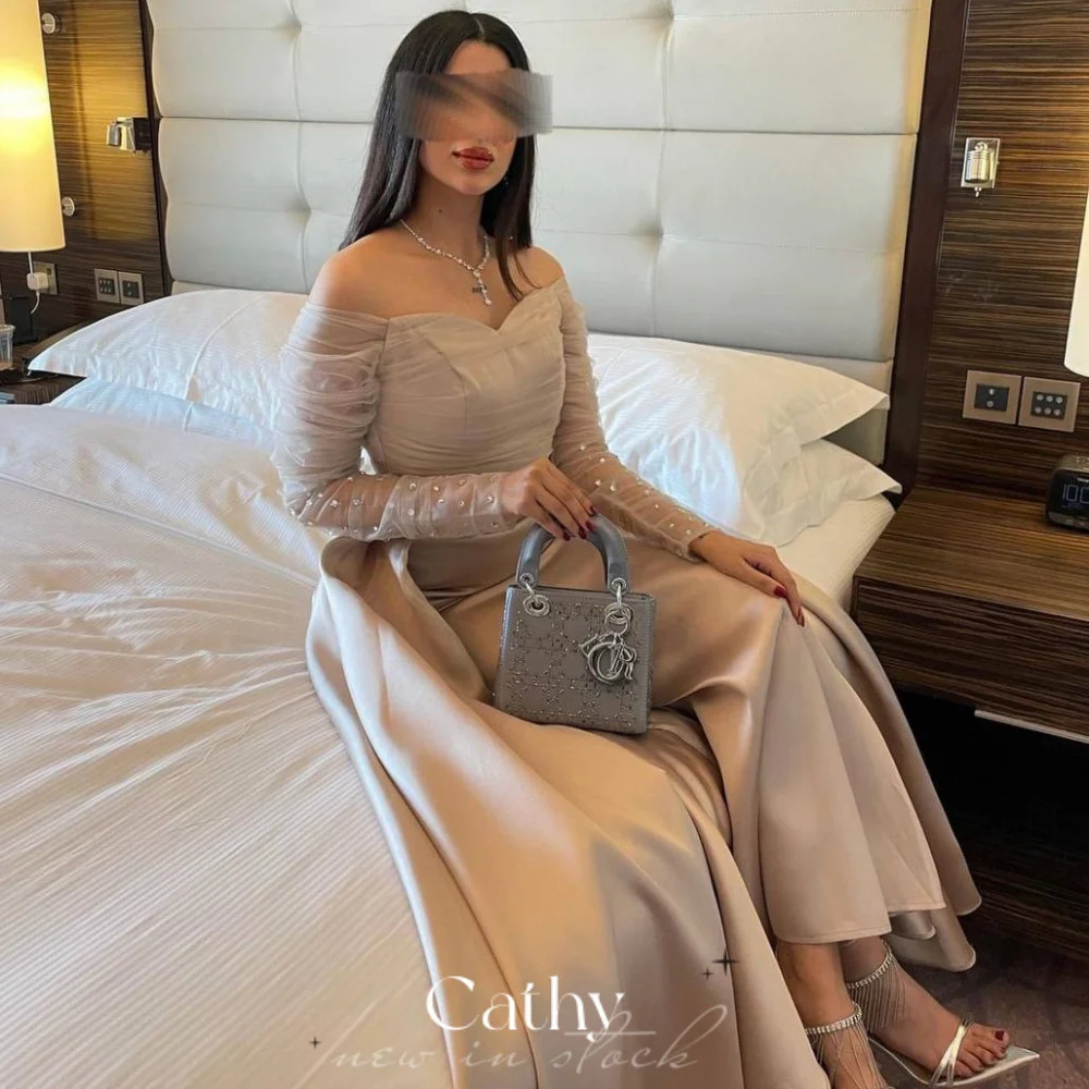 Cathy Elegant Champagne Prom Dress Sexy Trumpet Party Dress Long Sleeve Evening Dress Satin Mermaid Vestidos De Noche فستان سهرة