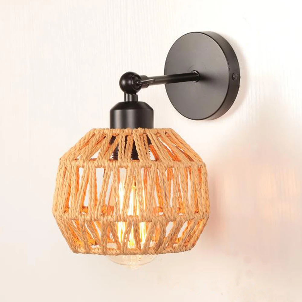 Hemp Rope Rattan Wall Lamp Natural Rattan Wicker Wall Light E27 Hand-Woven Sconce Bedroom Living Room Decor lamparas de pared