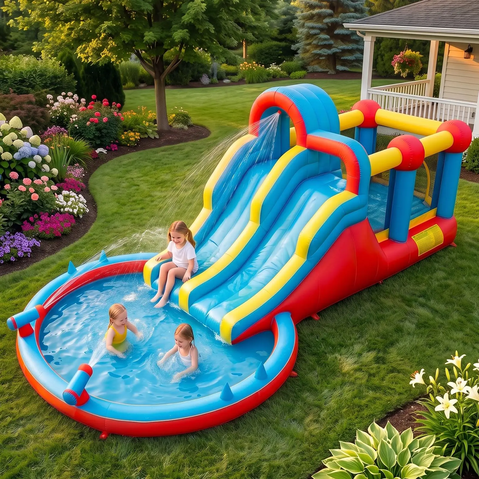 23 FT Inflatable Water Slide Bounce House for Kids 3-10, 8 in 1 Dual Slides Water Park Bouncy Castle with Blower, Jump House for Indoor Outdoor Backyard Birthday Holiday Party