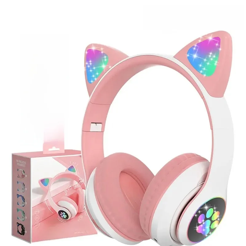 Flitslamp Leuke Kat Oren Hoofdtelefoon Bluetooth5.0 Stereo Met Microfoon Ondersteuning TF-kaart Draadloze Kinderen Meisje Oortelefoon Verjaardagscadeau - afbeelding 2