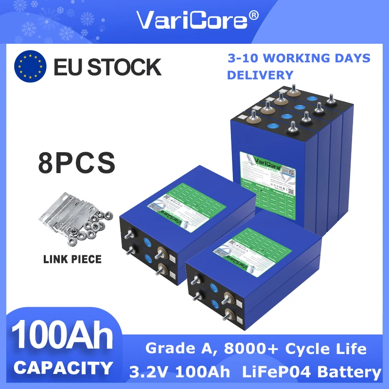 Varicore A-Grade 3,2V 8000 Zyklen LiFePO4 100Ah Wiederaufladbare Batterie, Geeignet für DIY 12V 24V 48V Wohnwagen Marine Solarenergie