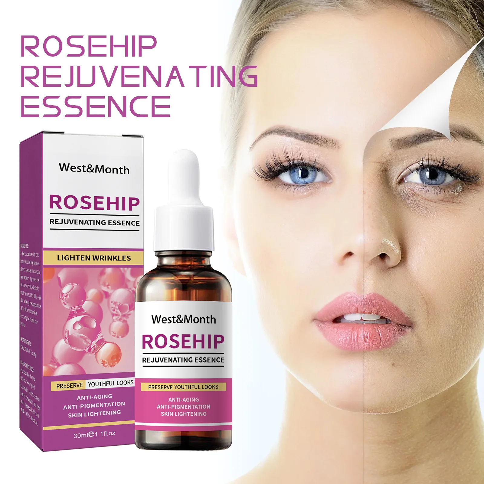 West&Month 30ml Rosehip Moisturizing Face Serum Brightening Facial Hydrating Firming Reduce Wrinkles Remove Dark Spots Serum