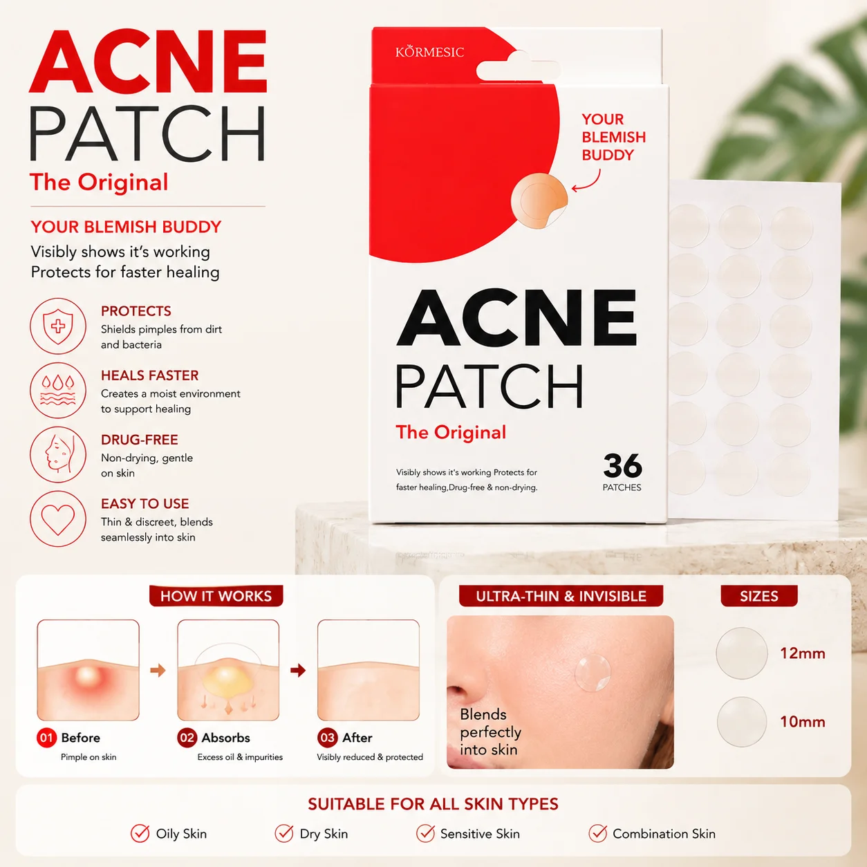 Invisible Acne Patch Hydrocolloid Pimple Stickers 36pcs Fast Healing Spot Treatment Patch for Facial Skin Care