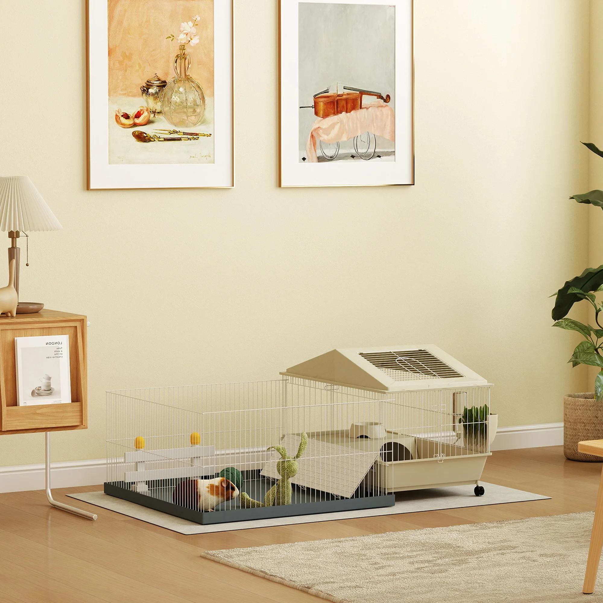 Meerschweinchenkäfig, großes Kleintiergehege mit abnehmbarem Laufgehege, wasserdichter Bodenmatte, Heuraufe, Wasserflasche und Futterschale, weich abgedeckte Rampe inklusive, geräumiges Indoor-Gehege