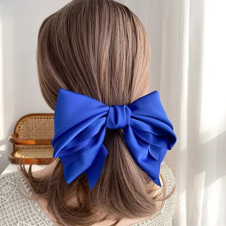 Nowe mody Barrette dla kobiet dziewczyn wysokiej jakości wielowarstwowe duże spinki do włosów szpilka Bow Knot Satin stałe kolorowe akcesoria Hot — zdjęcie 2
