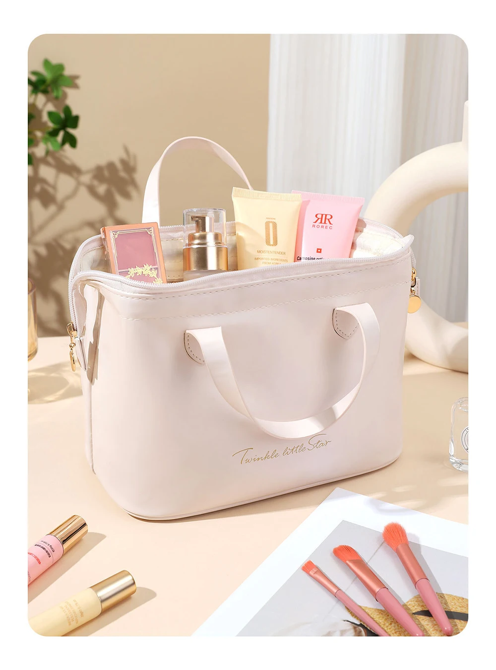 Travel Cosmetic Bag with Large Capacity, New French Light Luxury Style, Portable Travel Makeup Storage Bag, Storage Pouch, Light Luxury Style, for Daily Commuting Touch-Ups, Travel and Vacation Toiletries, Work Trips, Student Dormitory Organization, Keeps Clutter Organized and Tidy. The Portable Design Is Suitable for Commuting and Travel, Easy to Carry, Large Capacity Can Hold Makeup, Toothbrush, Toothpaste, and Wet Wipes, Soft Pu Material Is Wrinkle-Resistant and Durable.