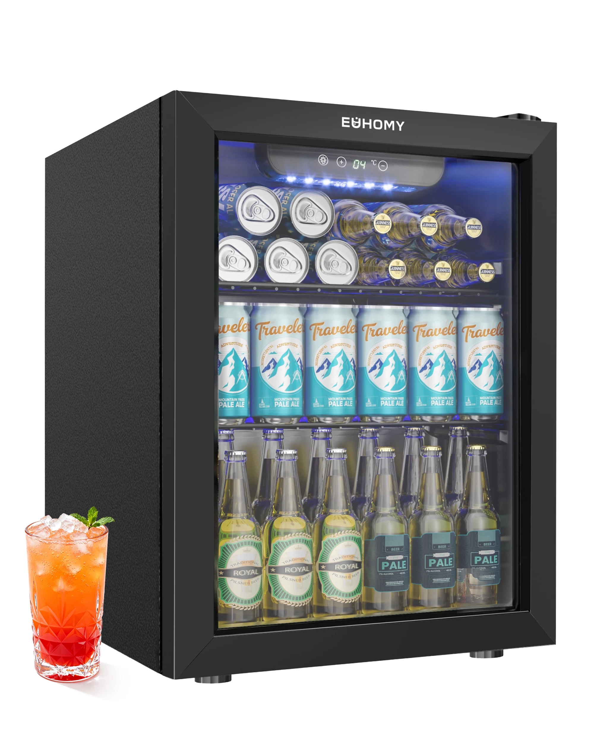 Koelkast voor dranken met glazen deur, 48 liter, mini-koelkast voor 68 blikjes, stille bierkoeler met led- en digitaal display, vrijstaand model voor thuisbar, kantoor, slaapkamer en gamekamer.