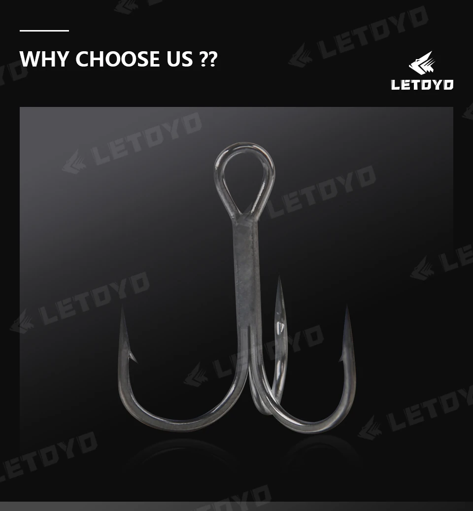 LETOYO High Carbon Stell Triple Hooks schwarz knittert oder matte Zinn Hard Lure Angelhaken für Hechtbarsch Meeresangelzubehör – Detail 5