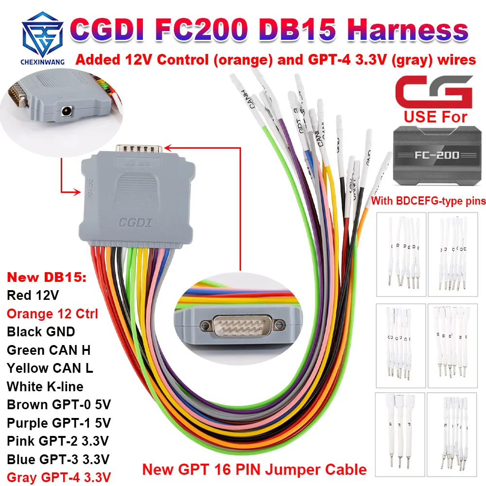 Newest CGDI CG FC200 New DB15 Harness Adapter 16 PIN Jumper Cable with New 12V Control and GPT-4 3.3V For ECU Reading Writing