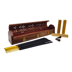 Incense Holder for Stick and Cone Burners, Decorated Wooden Box of 30.5 cm - Includes Gift Cones with a Piece of Palo Santo + 2 Beeswax Candles of 10 X 2 cm