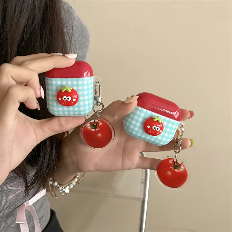 

Stylish plaid cute 3D Tomato headphone case for Airpods 1 2 3 4 Airpods Pro 2 Cartoon earphone case with silicone strap pendant