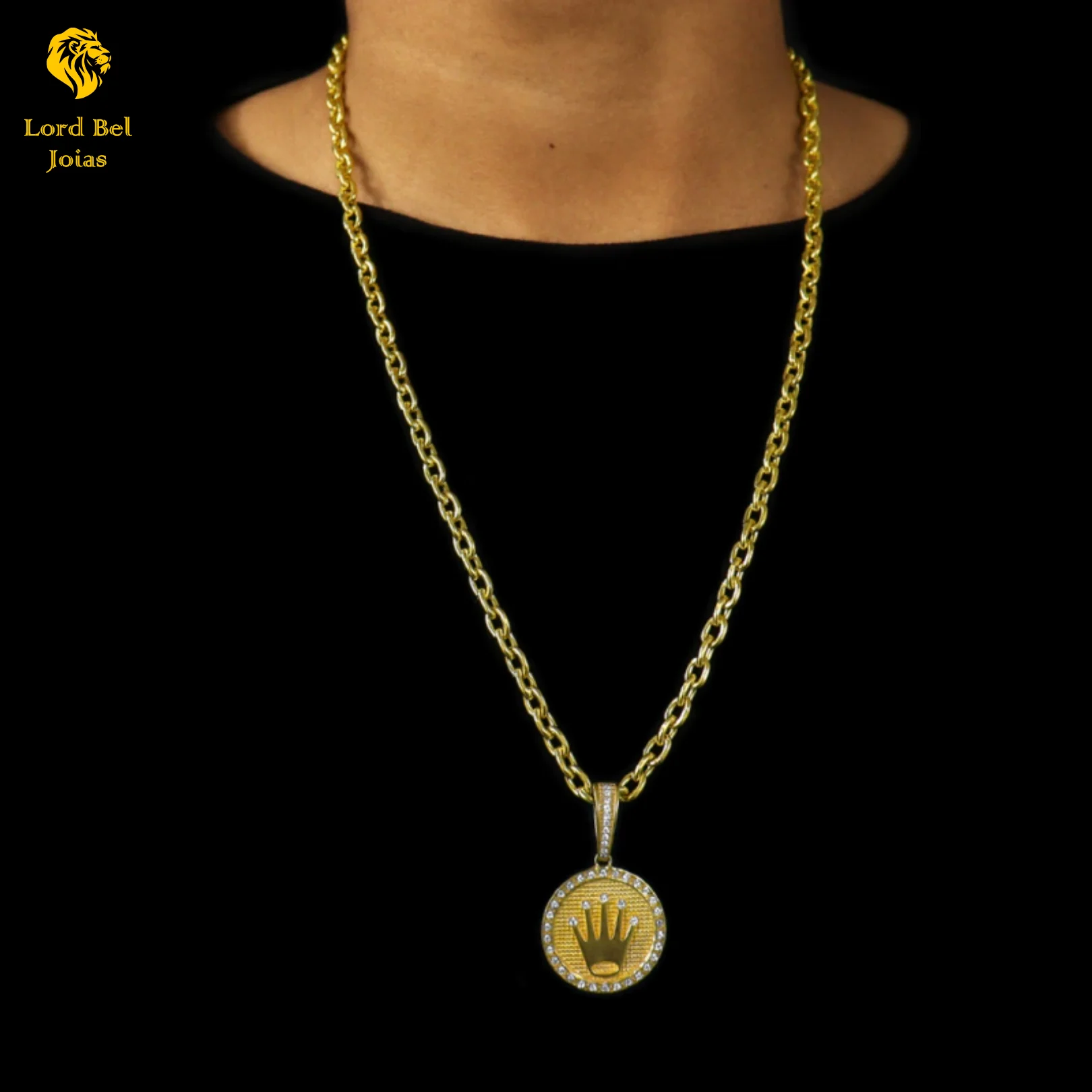 6mm Chain Set Padlock + Crown Pendant studded Set of Ancient Coins Jewelry-Nordic Gold Shine 18K Eternal