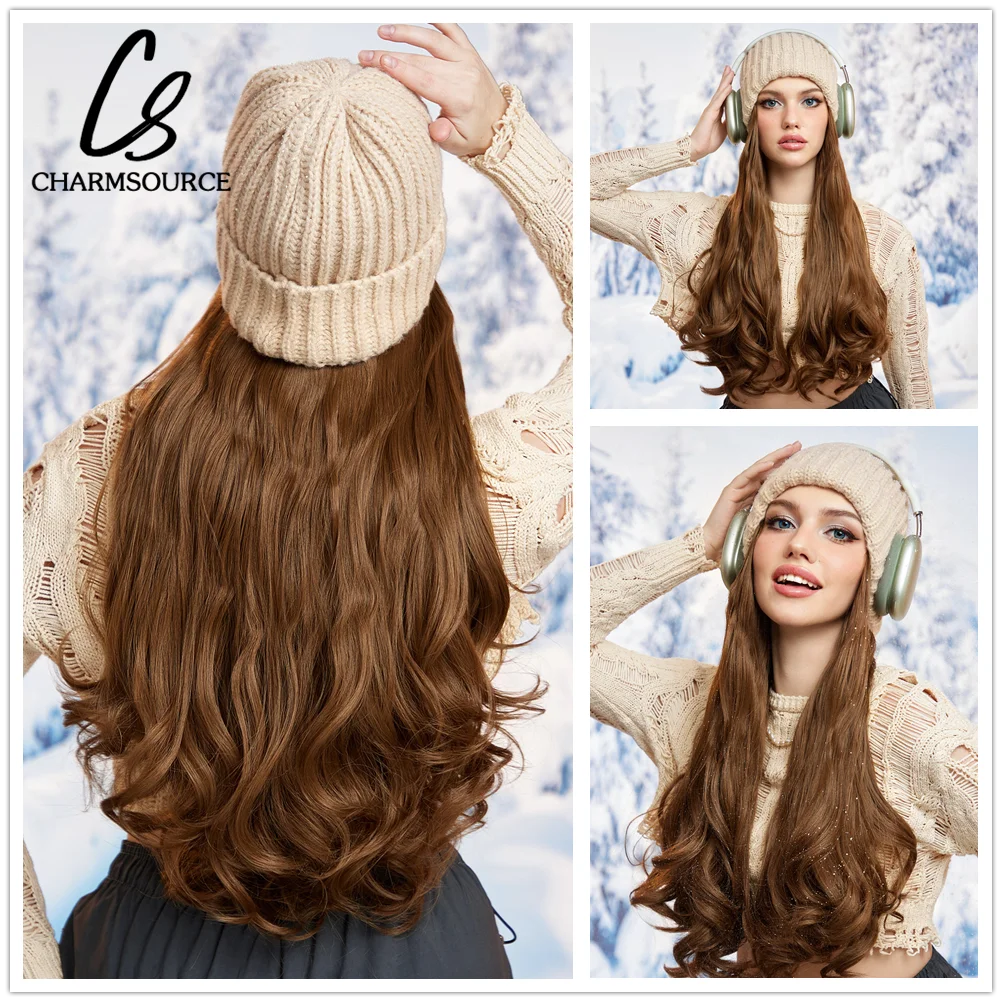 

CharmSource Hat wigs Cap with Hair Brown Color Connect Synthetic Hair Extensions for Women Daily Party High Temperature Fiber