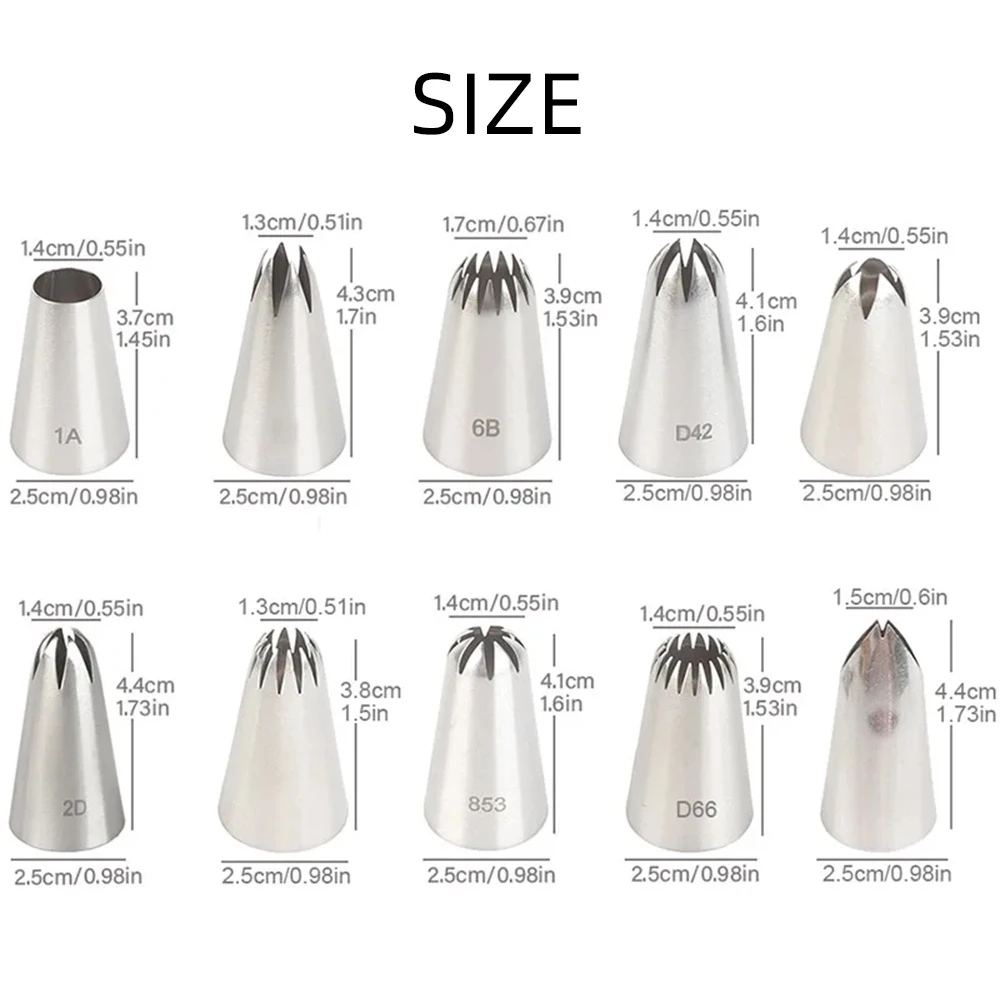 10pcs Piping Nozzles Set Stainless Steel Icing Nozzles Cream Cake Piping Tips For Dessert Biscuit Cup Cake Kitchen Accessories