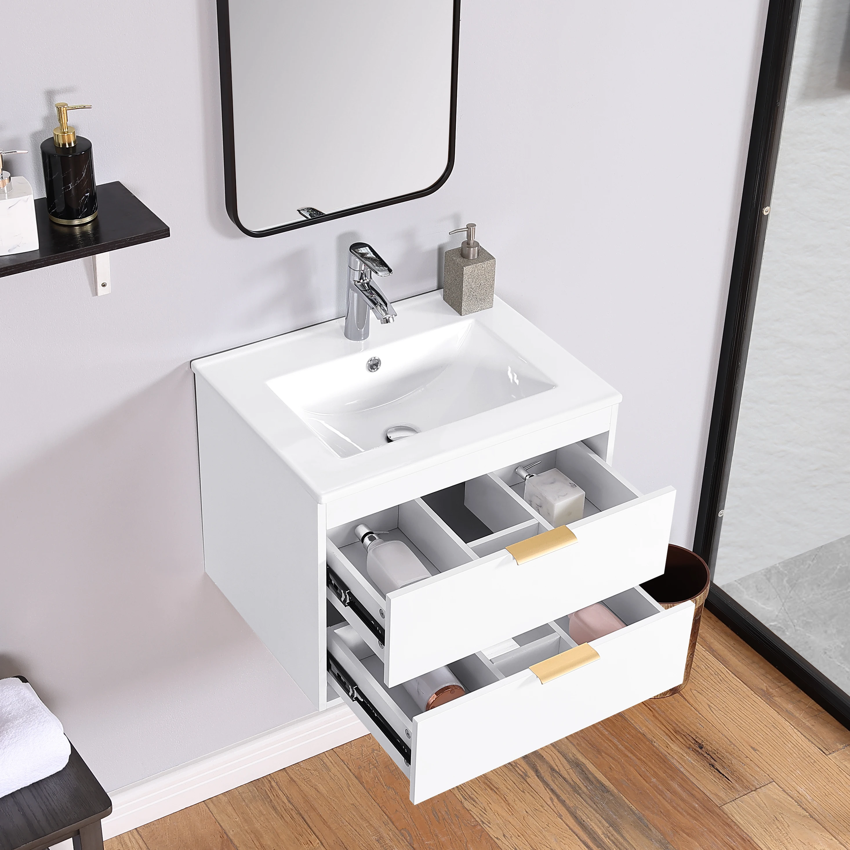 24" Floating Wall-Mounted Bathroom Vanity with White Ceramic Sink, Modern Design, and Drawer Storage for Space-Saving