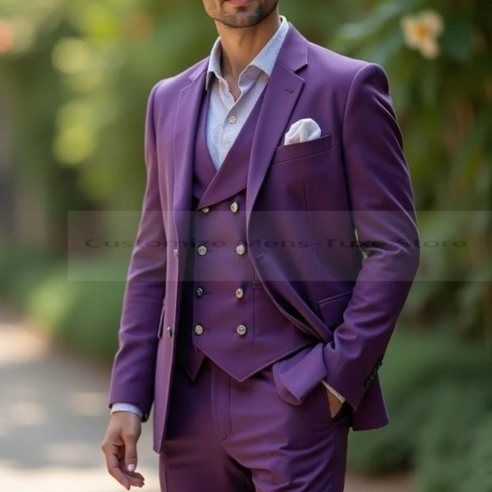 

Fashion Dark Purple Business Men Suit Groom Groomsman Wedding Party Prom Formal Occasion Tuxedos Male 3 Piece Set