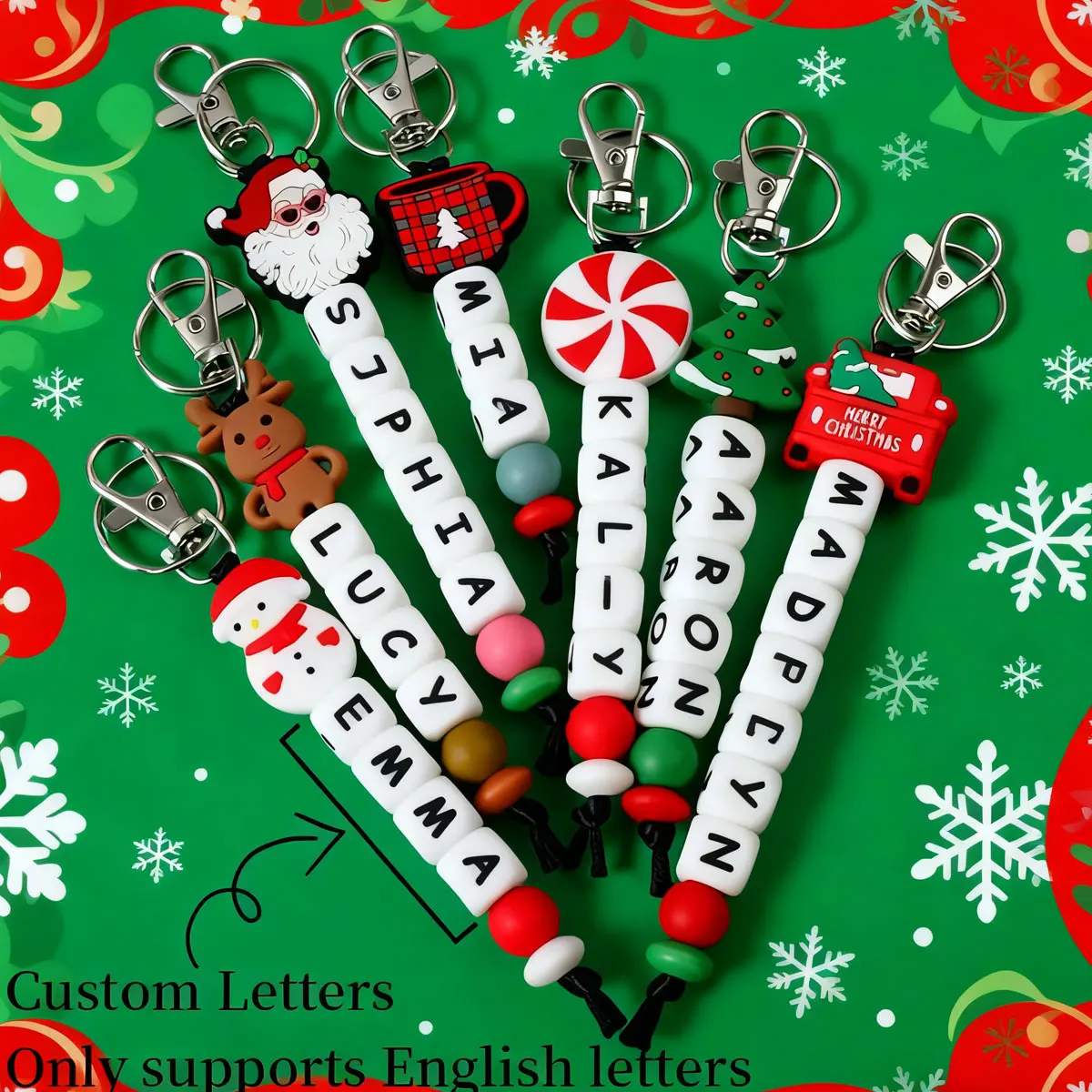 1PC personalized Christmas tree, cup, Santa Claus, reindeer, snowman silicone letter keychain backpack ornaments, Christmas gift