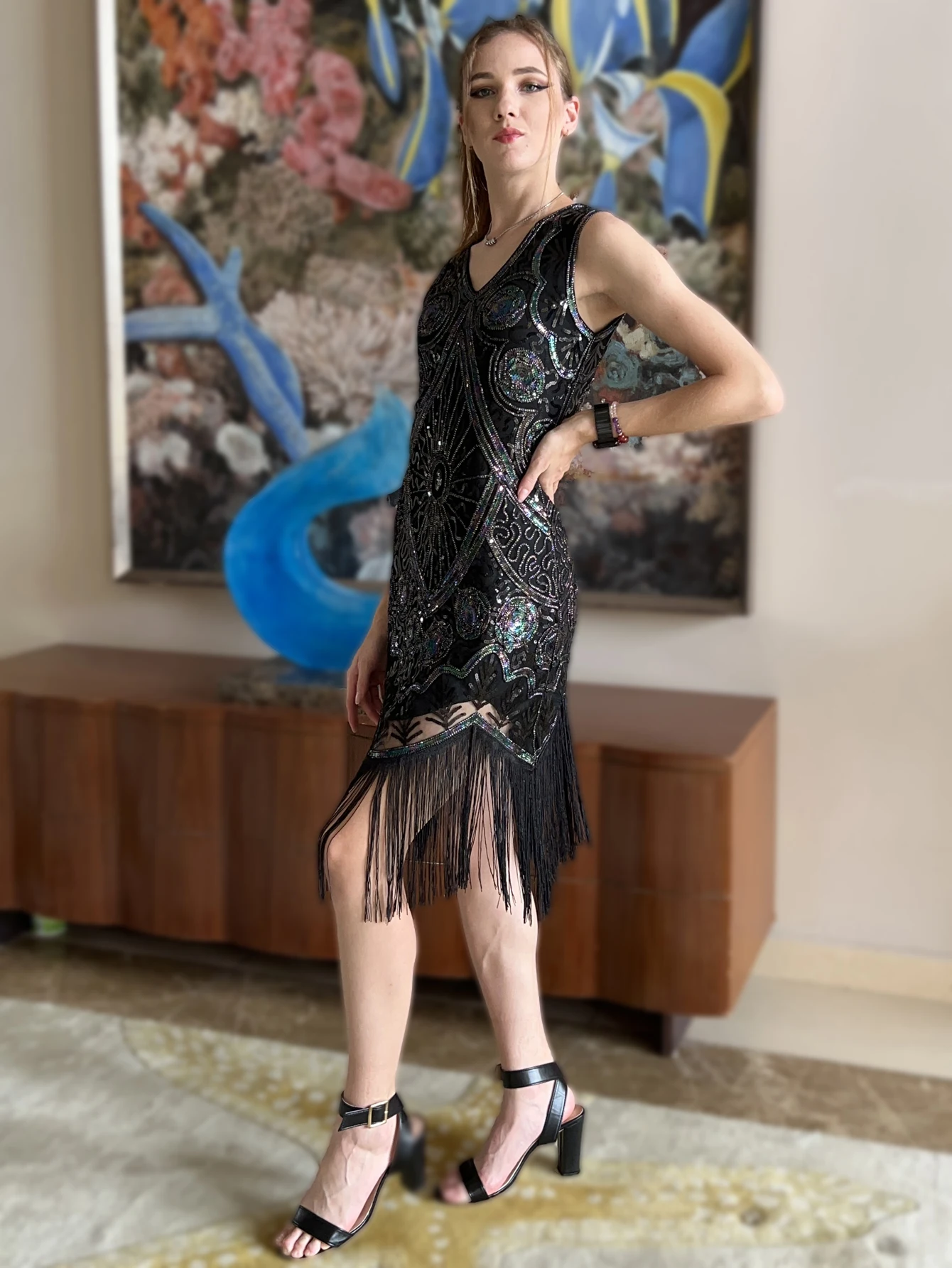 

Angel-fashion Black Sequin Fringe Dress for Women - Elegant Floral Design, Sleeveless, Perfect for Cocktail Parties & Evening