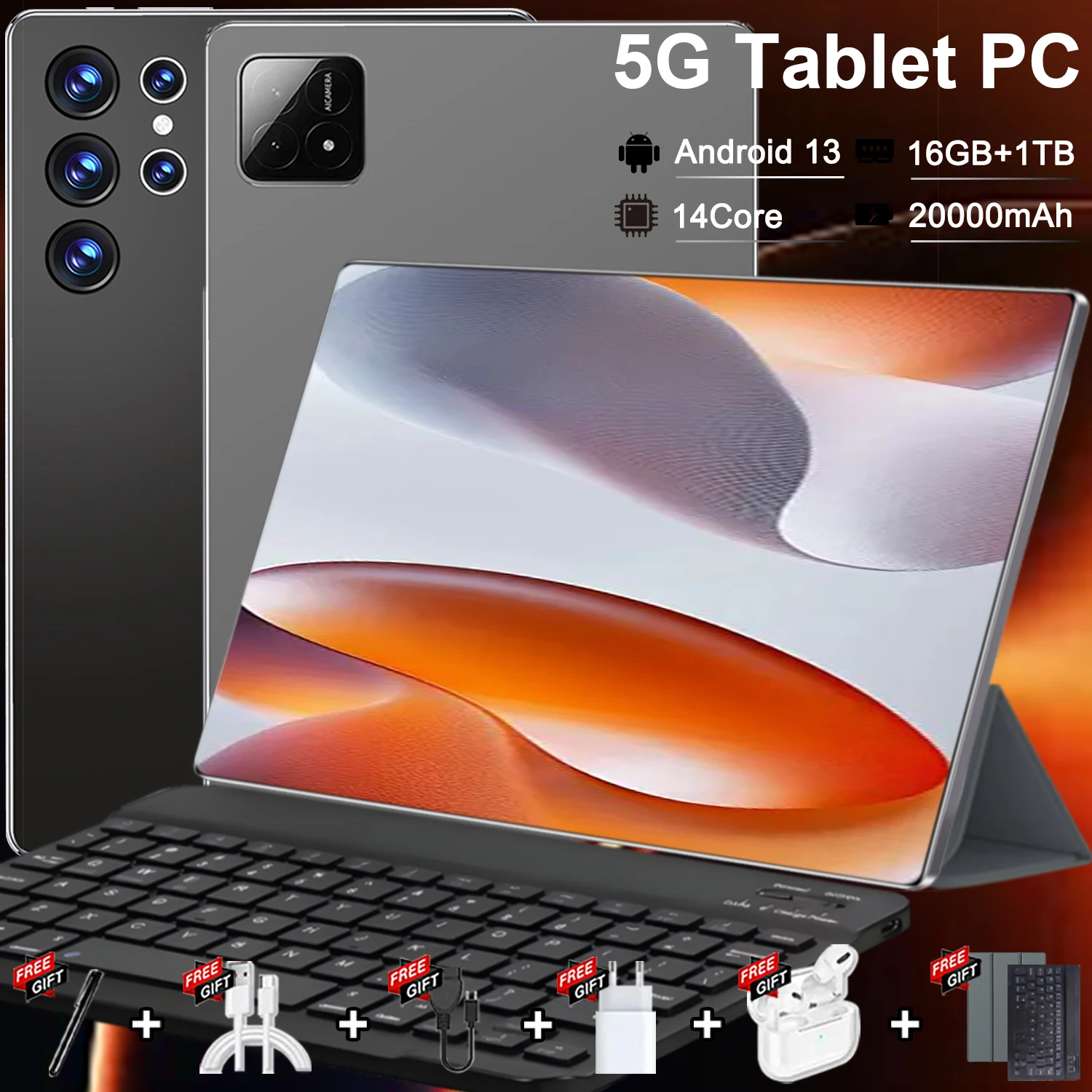 5G 16 Go de RAM + 1 To de ROM, Tablette PC 10,36 pouces Android 13, 20000 mAh, processeur 14 cœurs, double caméra, double SIM, Google Play, Bluetooth, Wifi