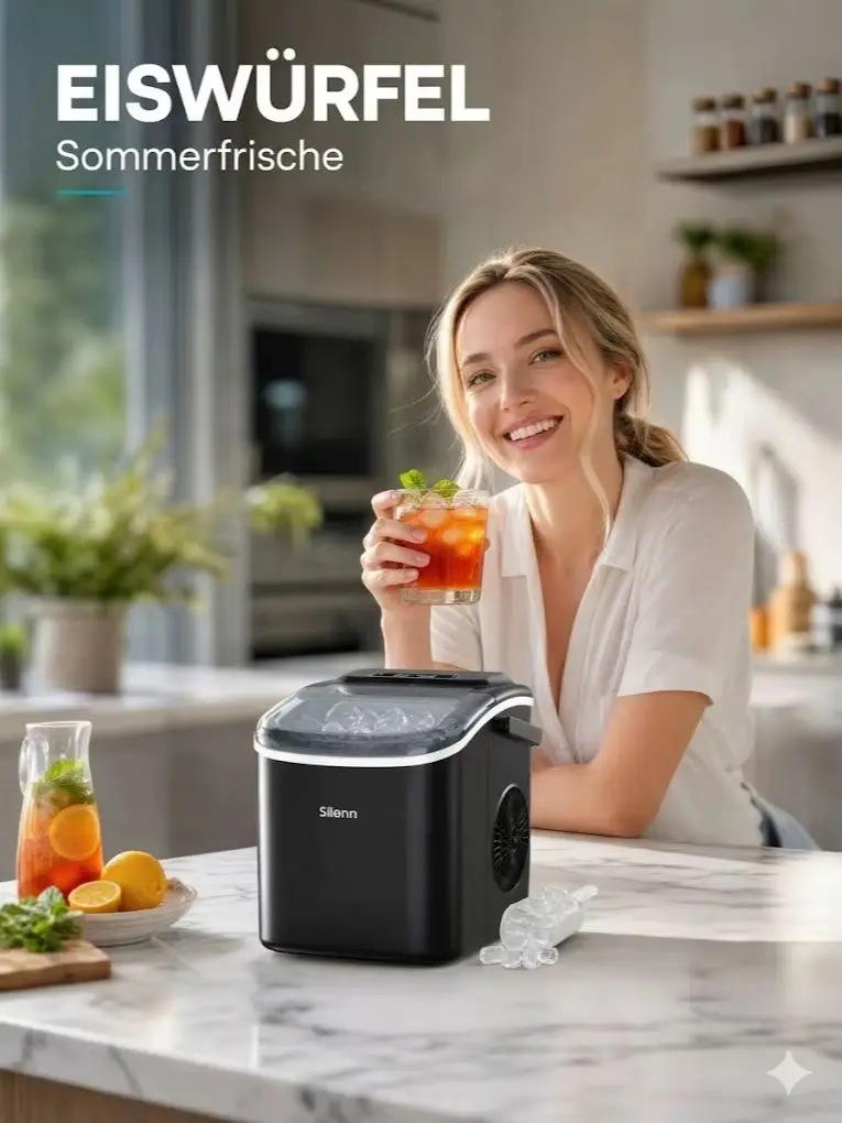 Tragbarer Eiswürfelbereiter für die Arbeitsplatte, Eisbereiter mit Selbstreinigungsfunktion – 9 Eisstücke in 6 Minuten fertig, 11,8 kg/24 Stunden, 2 Größen von Bullet-Eis, Eismaschine für Zuhause,