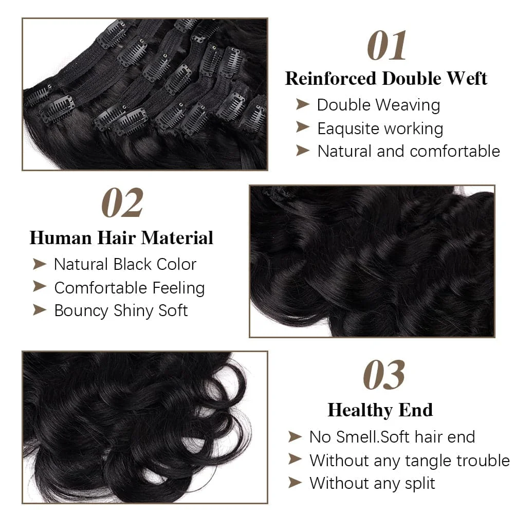 Brazilian Body Wave Clip Ins Extensões de Cabelo Humano, Extensão Do Cabelo Remy, Cor Natural, Pele Invisível, 1B, 8 Pcs por Conjunto