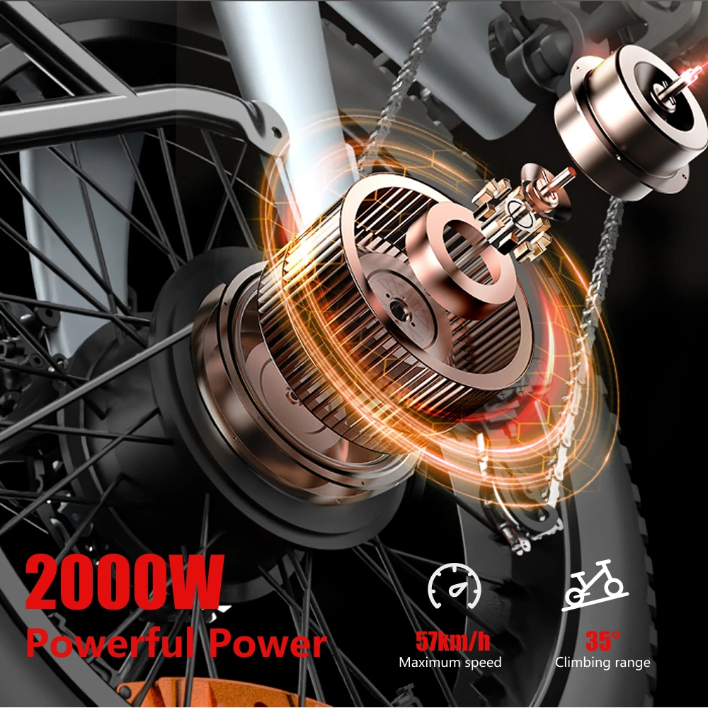 Bicicleta Eléctrica de Montaña HX Q3 2000W 48V 20AH para Adultos, Bicicleta Eléctrica de 57 km/h, Bicicleta Eléctrica con Llantas Gruesas Todoterreno de 20 Pulgadas, Bicicleta Eléctrica Urbana, E-bike