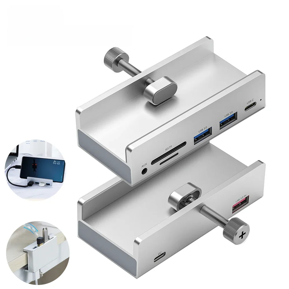 Dock à Clip noir 6 en 1, HUB USB 3.0 5Gbps, adaptateur séparateur multi-usb externe en alliage d'aluminium pour ordinateur portable et de bureau avec emplacement pour carte TF