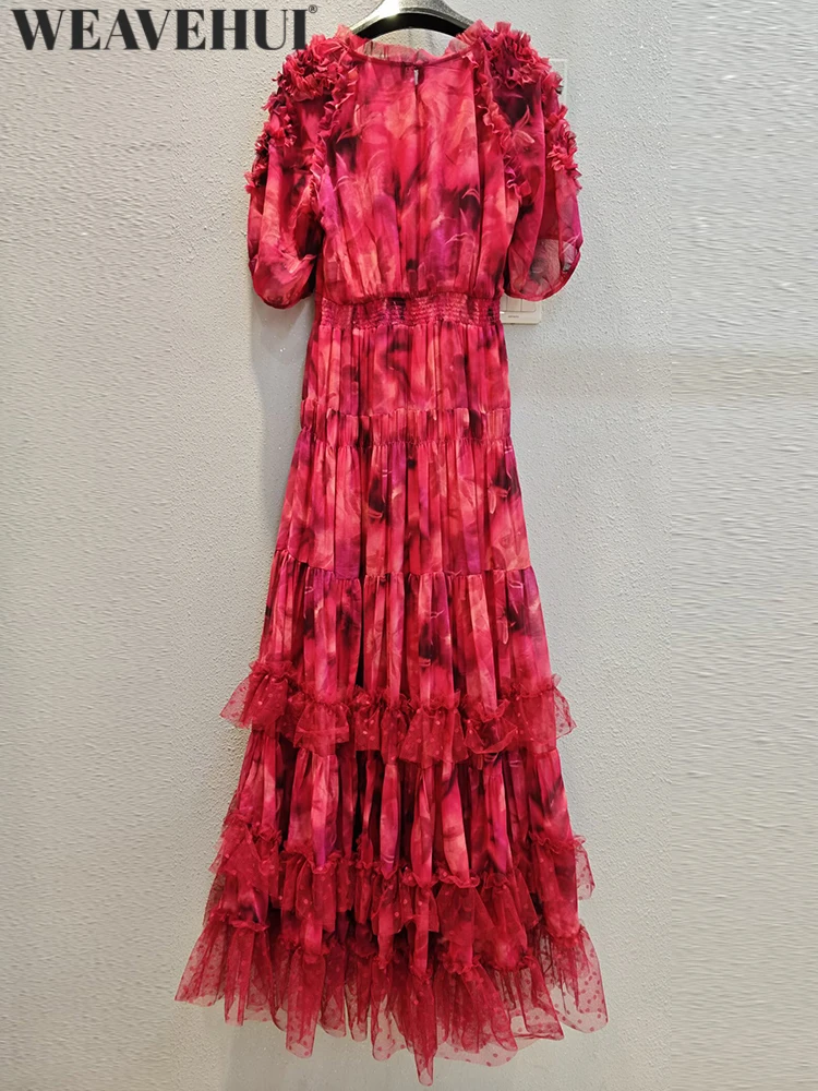 WEAVEHUI Women Vintage Summer New model Print Dresses O-Neck Lantern Sleeve Elastic Waist Flounced edge Design