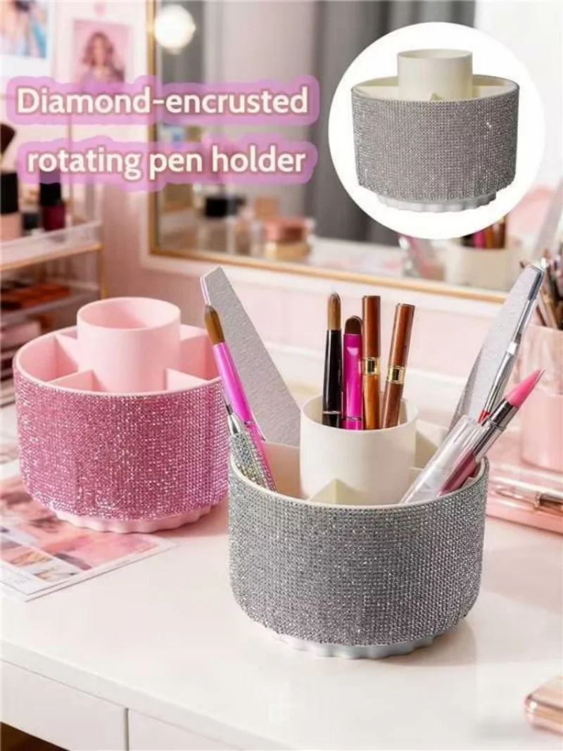 Diamond-Encrusted Rotating Pen Holder Multifunctional Makeup Brush Organizer Desktop Storage Box for Cosmetic Pencils Stationery