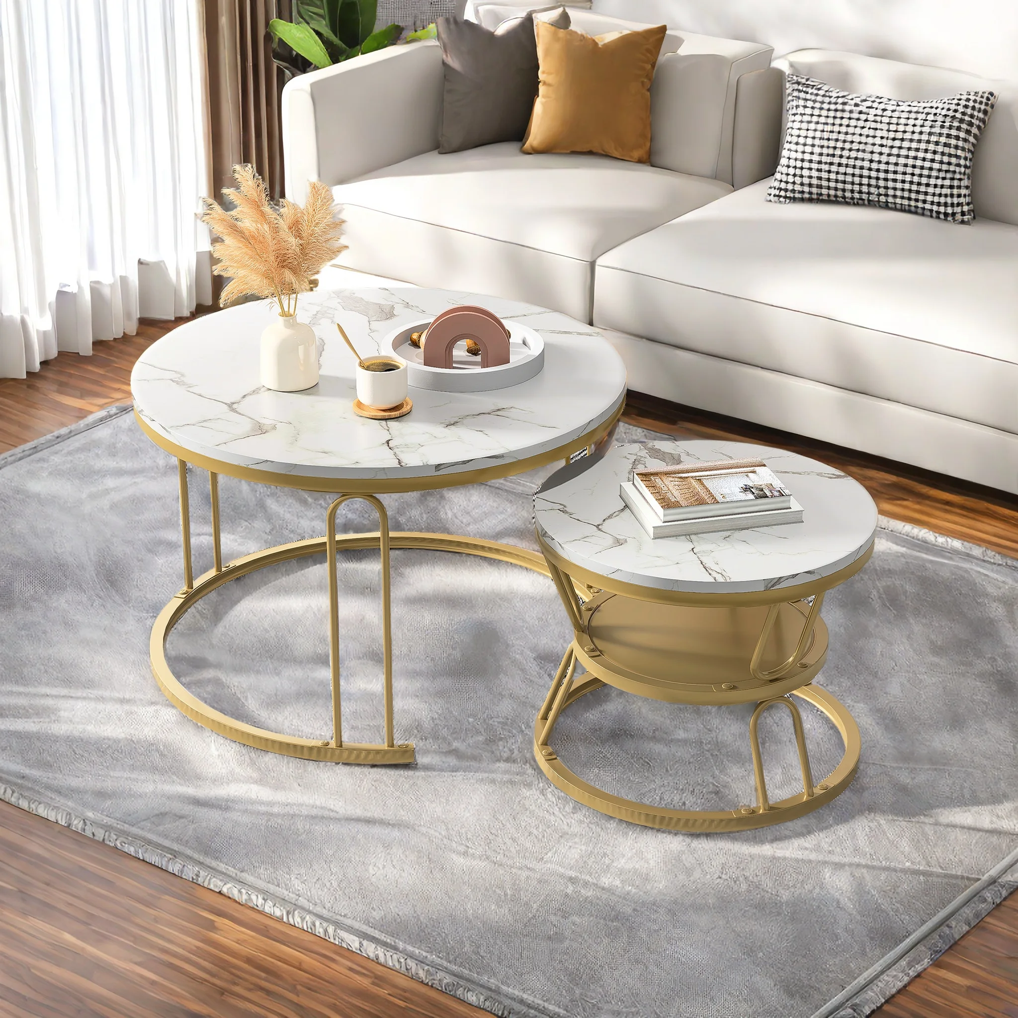 Tables gigognes, Lot de 2 Table Basses gigognes Rondes, Table Basses Rondes en MDF, avec Structure en métal, adaptées au Salon,