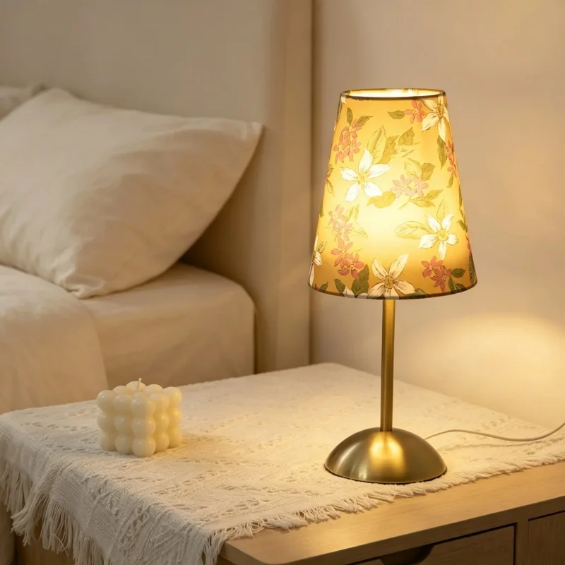 Floral Table Lamp with 3 Color Modes Gold Metal Base USB Bedside Yellow Flower Fabric Shade Aesthetic Decor Night Light