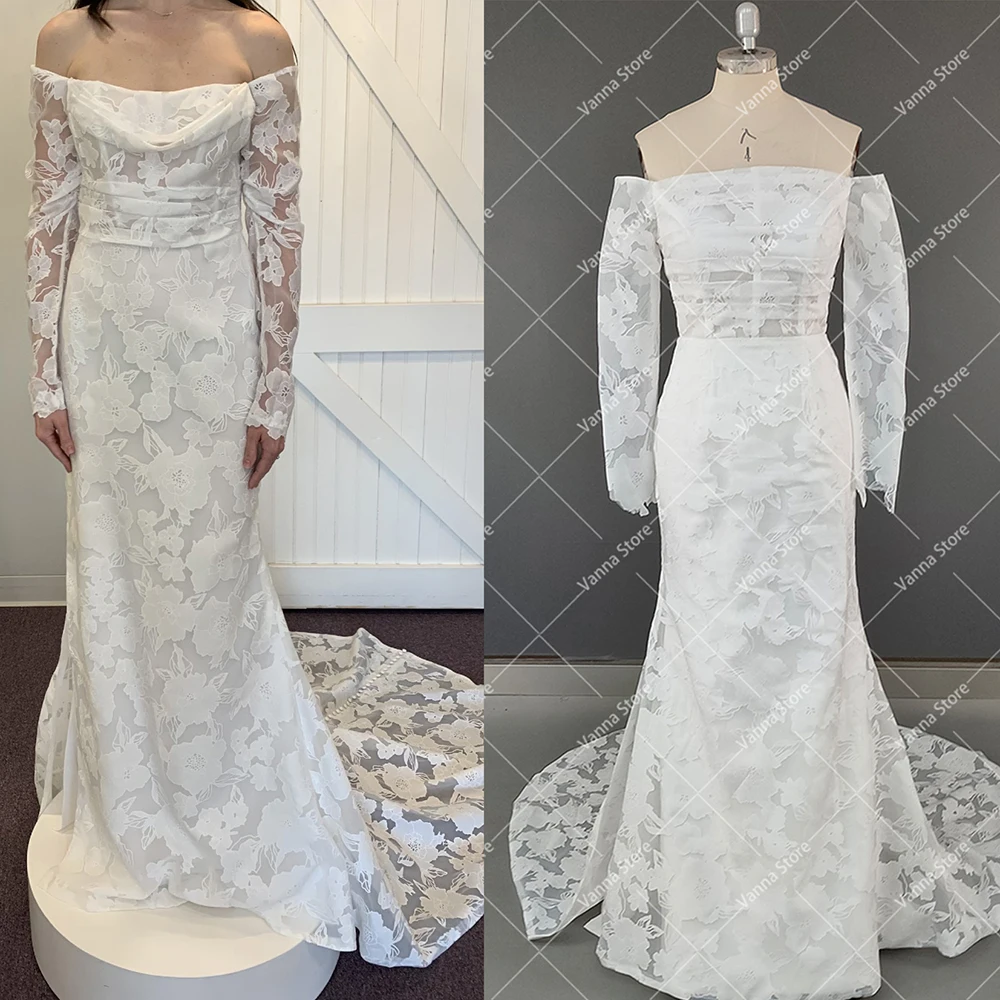 Long Sheer Sleeves Figure Hugging Floral Lace Wedding Dress High Side Slit Customized Classic Cowl Ruched Neck Bridal Gown