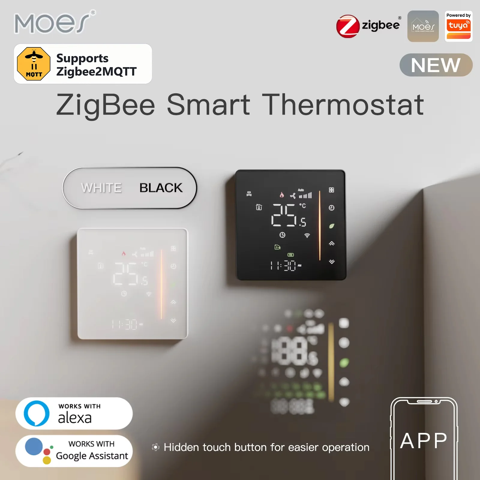 Moes Zigbee Thermostat Raumtemperaturregler für Wasser-/Elektro-Fußbodenheizung Gasheizkessel Luftfeuchtigkeit Tuya Alexa 5A16A 2MQTT
