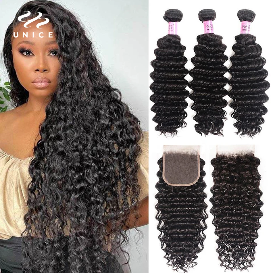 UNice Hair Deep Wave 5x5 HD Lace Closure With 3PCS Bundles 100% Human Hair Bundles With Closure Deal