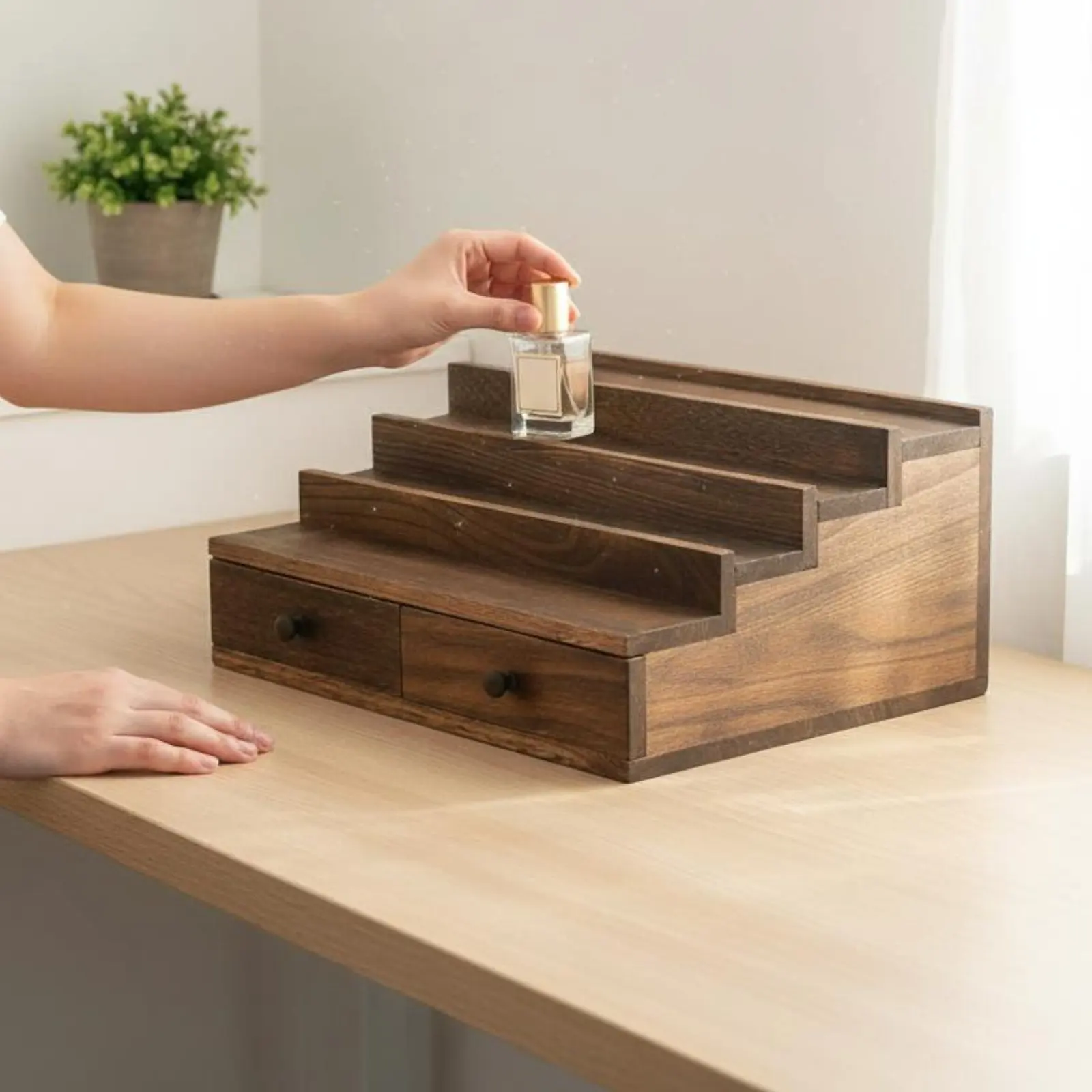 Stepped Display Riser with Drawers Wooden Tiered Display Stand Large Capacity Multi-Layer Wood Storage Rack for Collectors