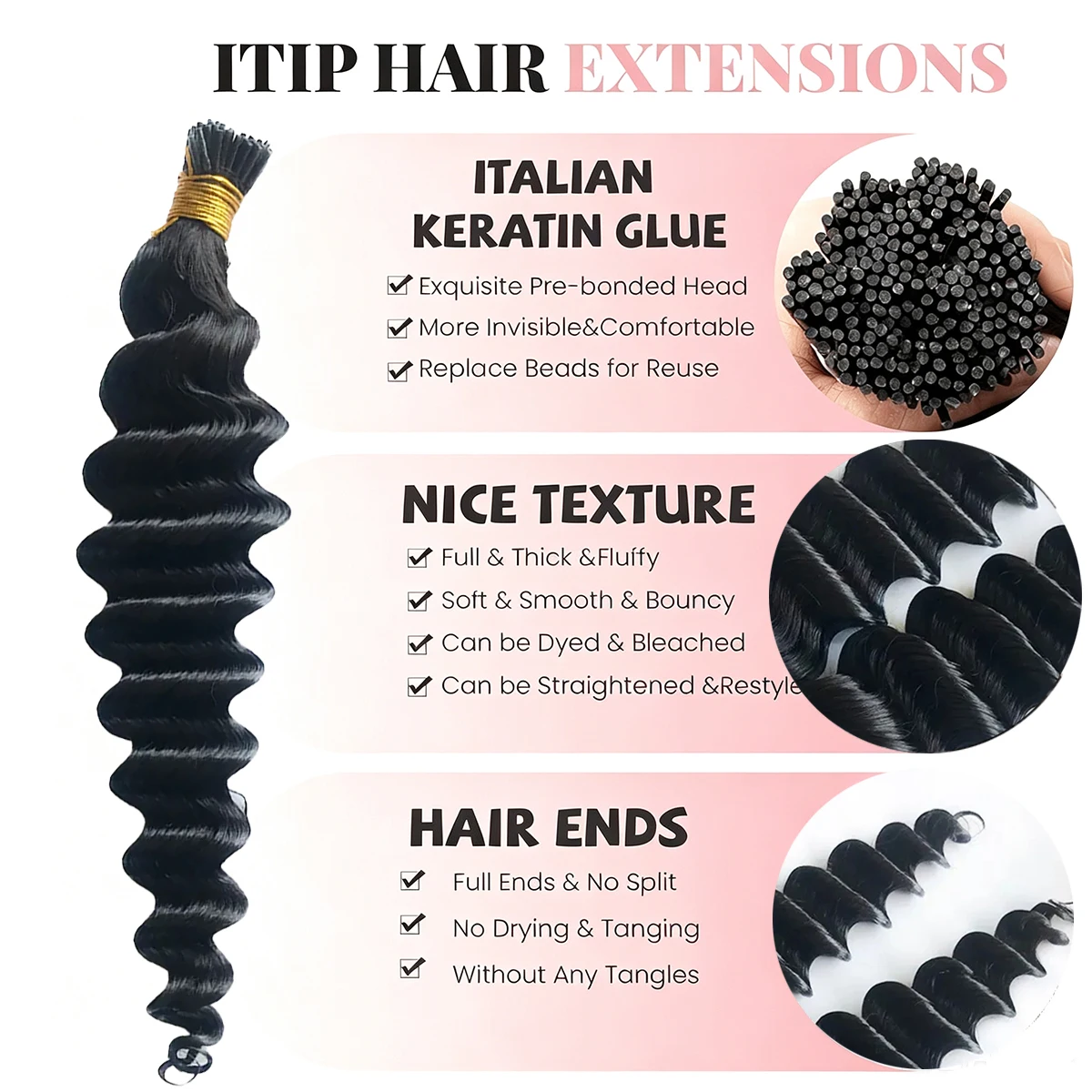 I Tip Microlinks Hair Extensions Deep Wave Human Hair 100% Remy Hair 50 Strands Natural Color Curly I Tips Human Hair Extensions